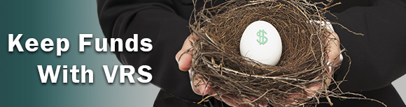 A woman holds a nest with eggs in both her hands. To the left is text which reads keep funds with VRS.