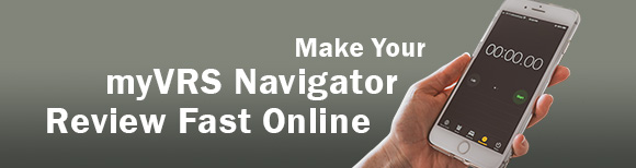 text reading make your my VRS navigator review fast online with a photo of a hand holding a phone showing the stopwatch function