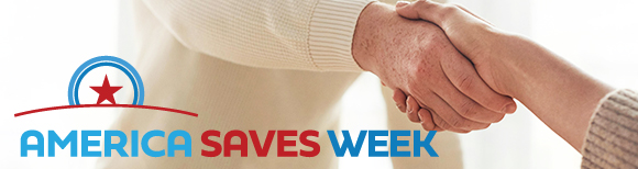 The America Saves Week logo next to a closely cropped photo of two people shaking hands over a desk