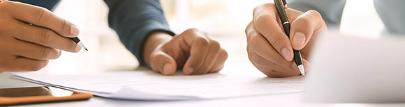 Three hands and forearms lean torsos out of frame on a tabletop while writing on papers laid there.