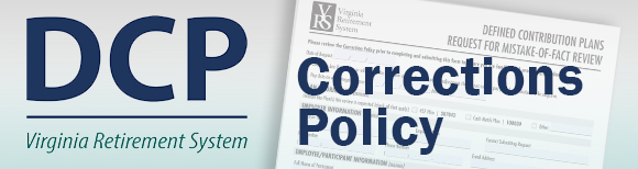 The DCP logo next to a ghosted image of the current form used for corrections with text saying Corrections Policy overtop of it.