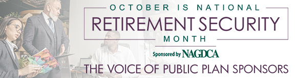 a group of office workers with a logo saying October is national retirement security month sponsored by NAGDCA the voice of public plan sponsors