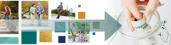 A collage of squares of colors intermixed with pictures of people riding scooters in a park. Over this is a large graphic arrow pointing to the right. On the far right is an image of a hand placing a roll of $20 bills into a jar with a lid indicating increasing savings.