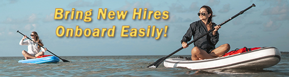 Image on people kayaking on water. Text on top says Bring New Hires Onboard Easily