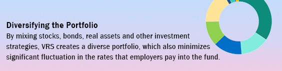 By mixing stocks, bonds, real assets and other investment strategies, VRS creates a diverse portfolio, which also minimizes significant fluctuation in the rates that employers pay into the fund.