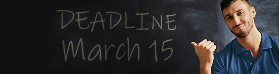 Man pointing to a blackboard with text showing: Deadline March 15