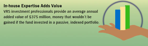 VRS investment professionals provide an average annual added value of S375 million, money that wouldn't be gained if the fund invested in a passive, indexed portfolio.