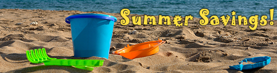 An image of a beach with a child's sand toys and bucket. To the right of the bucket is text which reads summer savings.