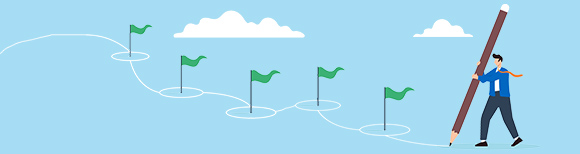 Decorative drawing of a person using a pencil taller than they are to circle five green flags (green meaning good) that are planted in the ground at various distances in front of them. This indicates all five steps of their savings goals are achieved.
