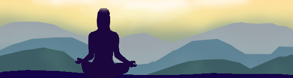 A silhouette of a person sitting in meditation. Beyond them, rounded hills fade into a foggy sunrise.