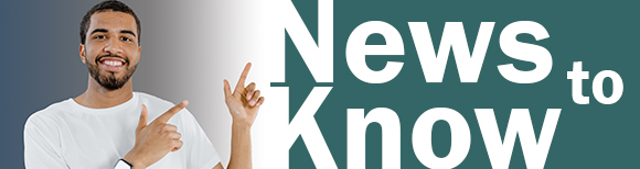 A young man pointing both index fingers toward text which says news to know.