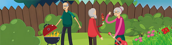 Decorative. Graphic drawing of an older man and two older women enjoying grilling food in a fenced suburban yard with a lawn, shrubs and flowers.