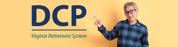 The DCP logo on the left with a middle-aged Asian man wearing a plaid, long-sleeved shirt pointing to it on the right.